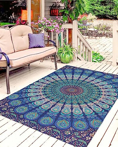 Outdoor Rugs Mandala Flower Reversible Mats Non Slip Carpet Indoor Outdoor Area Rug with Rubber Floral Pattern Non-Slip Outdoor Carpet Camping RV Rug/Deck Rug/Porch Rug 6x9 ft