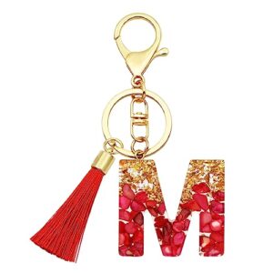 lucky red tassel keychain initial letter keyring gift crystal letter pendant gift for women girl (red letter m)