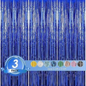 birthday party decorations| 3 pack 3.3 x 9.9 ft blue foil fringe curtains party supplies|tinsel curtain backdrop for parties, glitter streamers backdrop for birthday/photo booth backdrops/party decor