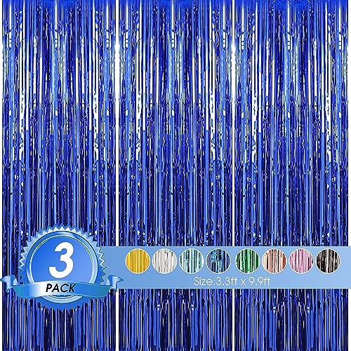 Birthday Party Decorations| 3 Pack 3.3 x 9.9 ft Blue Foil Fringe Curtains Party Supplies|Tinsel Curtain Backdrop for Parties, Glitter Streamers Backdrop for Birthday/Photo Booth Backdrops/Party Decor