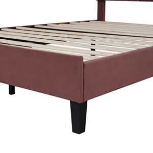 Queen Size Upholstered Platform Bed with Flower Pattern Velvet Headboard, Solid Wood Upholstered Platform Bed Frame with Wood Slats Support for Kids, Teens, Adults (Red Bean Paste-A1)