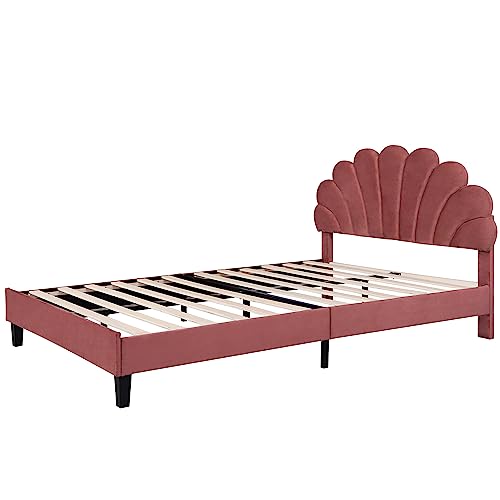 Queen Size Upholstered Platform Bed with Flower Pattern Velvet Headboard, Solid Wood Upholstered Platform Bed Frame with Wood Slats Support for Kids, Teens, Adults (Red Bean Paste-A1)