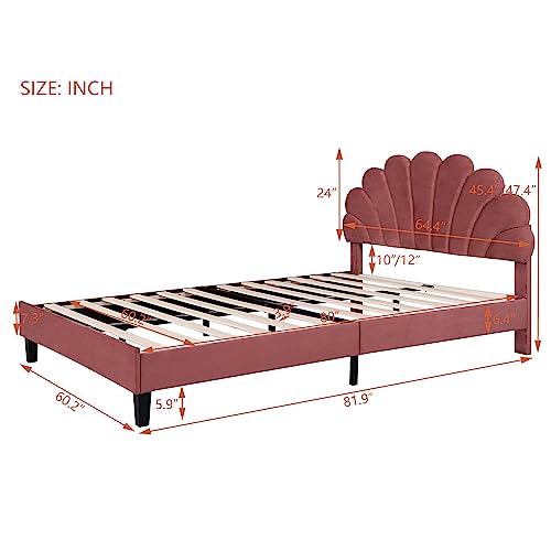 Queen Size Upholstered Platform Bed with Flower Pattern Velvet Headboard, Solid Wood Upholstered Platform Bed Frame with Wood Slats Support for Kids, Teens, Adults (Red Bean Paste-A1)