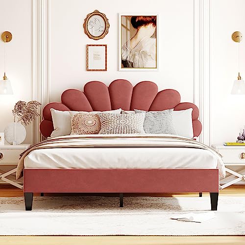 Queen Size Upholstered Platform Bed with Flower Pattern Velvet Headboard, Solid Wood Upholstered Platform Bed Frame with Wood Slats Support for Kids, Teens, Adults (Red Bean Paste-A1)