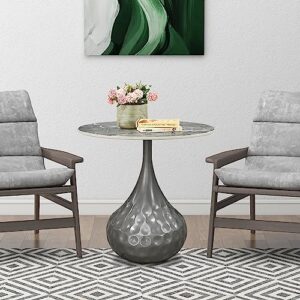 way2furn metal pedestal end table, φ19.6 round marble pattern grey accent table with metal frame, coffee table for living room, bedroom, balcony, outdoor, lounge