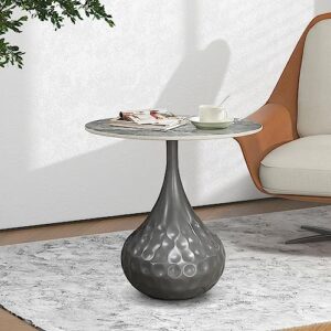 Way2Furn Metal Pedestal End Table, φ19.6 Round Marble Pattern Grey Accent Table with Metal Frame, Coffee Table for Living Room, Bedroom, Balcony, Outdoor, Lounge