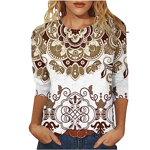 Womens Fashion Fall Tops 2023 Casual Dressy 3/4 Sleeve Loose Fit T Shirts Trendy Crew Neck Floral Printed Cute Blouse