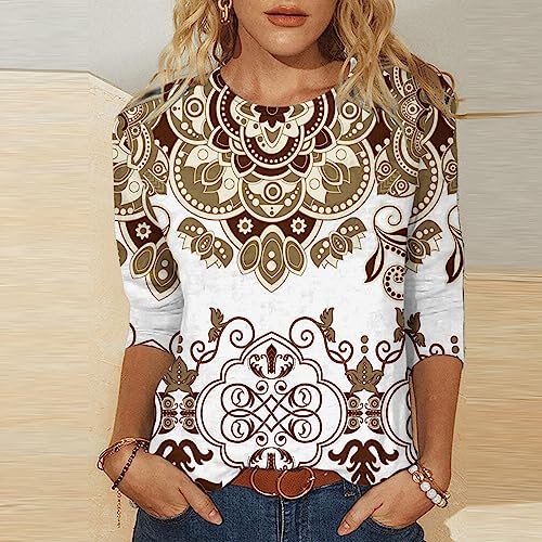 Womens Fashion Fall Tops 2023 Casual Dressy 3/4 Sleeve Loose Fit T Shirts Trendy Crew Neck Floral Printed Cute Blouse