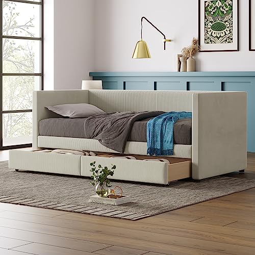 Aiuyesuo Twin Size Corduroy Daybed with Two Drawers, Solid Wood Sofa Bed Frame with Wood Slat Support for Bedroom, Guest Room, Living Room (Beige-ZC0E)