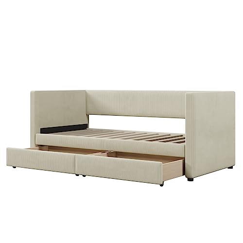 Aiuyesuo Twin Size Corduroy Daybed with Two Drawers, Solid Wood Sofa Bed Frame with Wood Slat Support for Bedroom, Guest Room, Living Room (Beige-ZC0E)