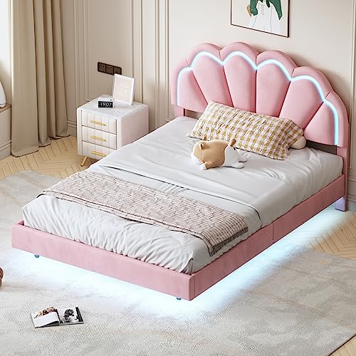 Full Size Upholstered Smart LED Bed with Elegant Flowers Headboard, Floating Velvet Upholstered Bed with Wooden Slats Support, Upholstered Smart LED Bed Frame for Kids Teens Boys Girls (Pink-ZC8S)