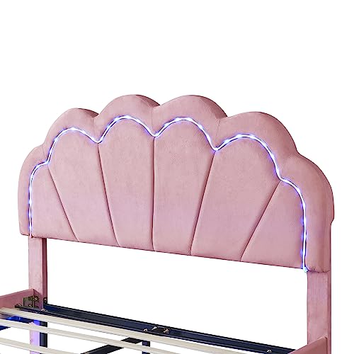 Full Size Upholstered Smart LED Bed with Elegant Flowers Headboard, Floating Velvet Upholstered Bed with Wooden Slats Support, Upholstered Smart LED Bed Frame for Kids Teens Boys Girls (Pink-ZC8S)