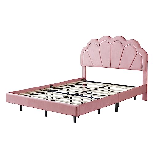 Full Size Upholstered Smart LED Bed with Elegant Flowers Headboard, Floating Velvet Upholstered Bed with Wooden Slats Support, Upholstered Smart LED Bed Frame for Kids Teens Boys Girls (Pink-ZC8S)