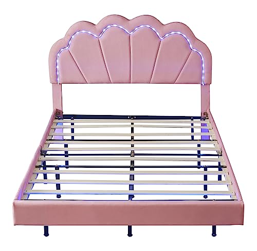 Full Size Upholstered Smart LED Bed with Elegant Flowers Headboard, Floating Velvet Upholstered Bed with Wooden Slats Support, Upholstered Smart LED Bed Frame for Kids Teens Boys Girls (Pink-ZC8S)