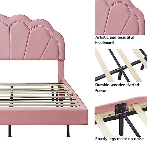 Full Size Upholstered Smart LED Bed with Elegant Flowers Headboard, Floating Velvet Upholstered Bed with Wooden Slats Support, Upholstered Smart LED Bed Frame for Kids Teens Boys Girls (Pink-ZC8S)