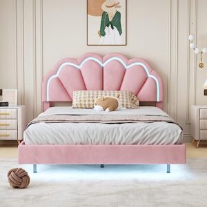 Full Size Upholstered Smart LED Bed with Elegant Flowers Headboard, Floating Velvet Upholstered Bed with Wooden Slats Support, Upholstered Smart LED Bed Frame for Kids Teens Boys Girls (Pink-ZC8S)