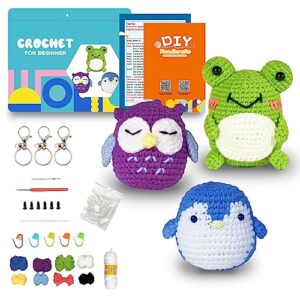 beebaryj 3pcs crochet kit for beginners,crochet starter kit for adults and kids diy crochet animal kit crocheting knitting kit with step-by-step video tutorials (penguin+frog+owl)