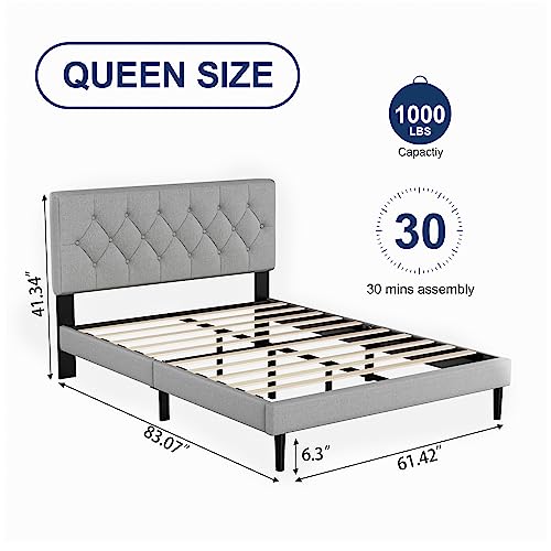 Queen Size Platform Bed Frame with Upholstered Headboard, Button Tufted Design, No Box Spring Needed, Light Grey