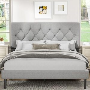 queen size platform bed frame with upholstered headboard, button tufted design, no box spring needed, light grey