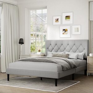 Queen Size Platform Bed Frame with Upholstered Headboard, Button Tufted Design, No Box Spring Needed, Light Grey