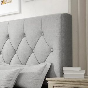 Queen Size Platform Bed Frame with Upholstered Headboard, Button Tufted Design, No Box Spring Needed, Light Grey