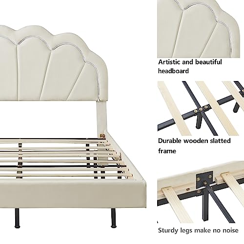 Full Size Upholstered Smart LED Bed with Elegant Flowers Headboard, Floating Velvet Upholstered Bed with Wooden Slats Support, Upholstered Smart LED Bed Frame for Kids Teens Boys Girls (Beige-ZC8S)