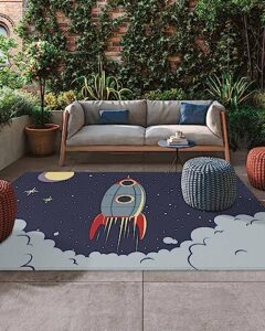 charmhome indoor outdoor rugs 5'x8' - waterproof patio rug camping rug for porch deck backyard patio - space theme cute cartoon rocket moon and stars pattern area rug easy clean