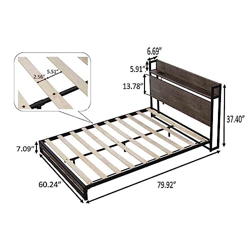 RIDFY Queen Bed Frame with Headboard & Socket, Industrial Platform Camas with Storage Shelves,Mattress Foundation/Slats Support/No Box Spring Needed/Noise-Free