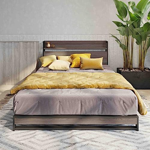 RIDFY Queen Bed Frame with Headboard & Socket, Industrial Platform Camas with Storage Shelves,Mattress Foundation/Slats Support/No Box Spring Needed/Noise-Free