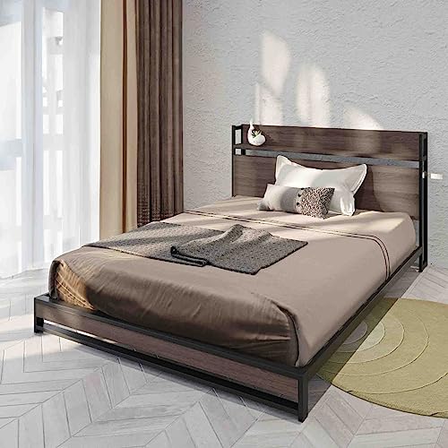 RIDFY Queen Bed Frame with Headboard & Socket, Industrial Platform Camas with Storage Shelves,Mattress Foundation/Slats Support/No Box Spring Needed/Noise-Free