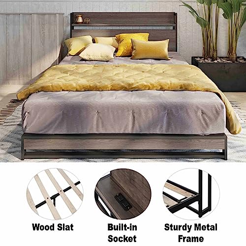 RIDFY Queen Bed Frame with Headboard & Socket, Industrial Platform Camas with Storage Shelves,Mattress Foundation/Slats Support/No Box Spring Needed/Noise-Free