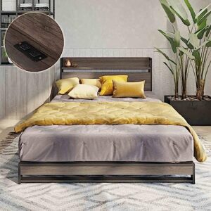 RIDFY Queen Bed Frame with Headboard & Socket, Industrial Platform Camas with Storage Shelves,Mattress Foundation/Slats Support/No Box Spring Needed/Noise-Free