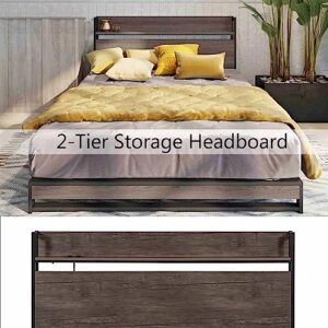 RIDFY Queen Bed Frame with Headboard & Socket, Industrial Platform Camas with Storage Shelves,Mattress Foundation/Slats Support/No Box Spring Needed/Noise-Free