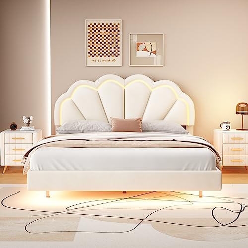 Modern Queen Upholstered Bed with Elegant Flowers Headboard, Upholstered Smart LED Bed Frame, Floating Velvet Platform LED Bed with Wooden Slats Support for Kids Teens Boys Girls (Beige+Queen-1)