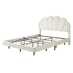 Modern Queen Upholstered Bed with Elegant Flowers Headboard, Upholstered Smart LED Bed Frame, Floating Velvet Platform LED Bed with Wooden Slats Support for Kids Teens Boys Girls (Beige+Queen-1)