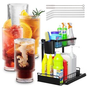 gracenal under sink organizer, kitchen organizers and storage 1 pack & ribbed glass cups with straws 12oz, drinking glasses set of 4