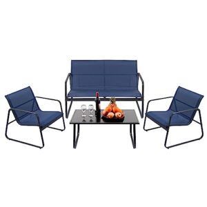 paiqian 4 pieces patio furniture set outdoor patio conversation sets poolside lawn chairs with glass coffee table porch furniture for courtyard, garden and balcony (blue)