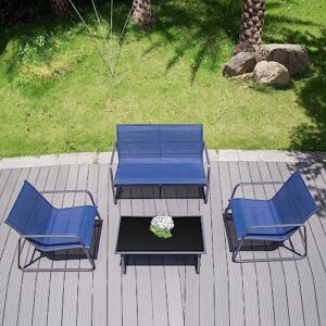 PAIQIAN 4 Pieces Patio Furniture Set Outdoor Patio Conversation Sets Poolside Lawn Chairs with Glass Coffee Table Porch Furniture for Courtyard, Garden and Balcony (Blue)