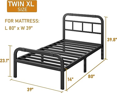 Cleaniago Twin XL Metal Bed Frame with Headboard and Footboard 14 Inch High, Heavy Duty Metal Platform Bed Steel Slats with 3000lbs Support, No Box Spring Needed, Noise Free, Black