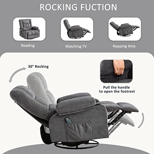 BOSMILLER Massage Swivel Rocker Recliner Chair with Vibration Massage and Heat Ergonomic Lounge Chair for Living Room with Rocking Function and Side Pocket, 2 Cup Holders, USB Charge Port