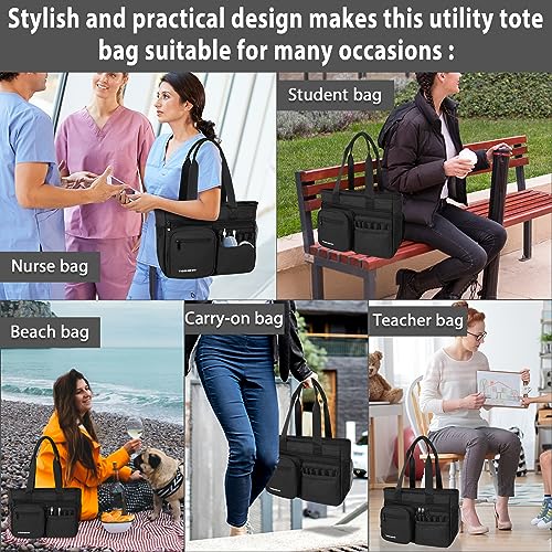 TORIBIO Nurse Tote Bag, Small Multi Pocket Shoulder Bags with Padded Laptop Sleeve, Portable Storage Bag Tote Bag, Home Care Nursing Bag Clinical Bag for Work