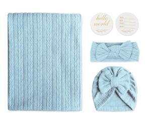 baby blankets,5pcs security blanket for babies - swaddle adjustable wearable blanket, 5pcs newborn accessories set with hello world wooden birth announcement card, baby blankets for boys&girls (blue)