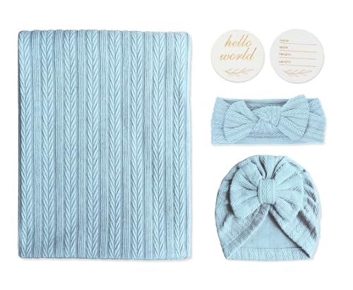 Baby Blankets,5PCS Security Blanket for Babies - Swaddle Adjustable Wearable Blanket, 5pcs Newborn Accessories Set with Hello World Wooden Birth Announcement Card, Baby Blankets for Boys&Girls (Blue)