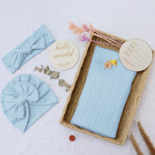 Baby Blankets,5PCS Security Blanket for Babies - Swaddle Adjustable Wearable Blanket, 5pcs Newborn Accessories Set with Hello World Wooden Birth Announcement Card, Baby Blankets for Boys&Girls (Blue)