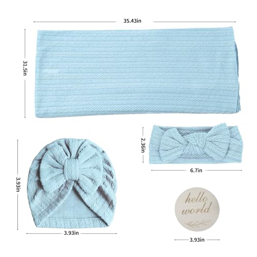 Baby Blankets,5PCS Security Blanket for Babies - Swaddle Adjustable Wearable Blanket, 5pcs Newborn Accessories Set with Hello World Wooden Birth Announcement Card, Baby Blankets for Boys&Girls (Blue)