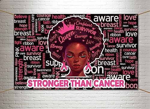 Pudodo Breast Cancer Awareness Backdrop Banner Stronger Than Cancer Pink Ribbon Support Photography Background Wall Decoration (3.6×5.9ft, Black)