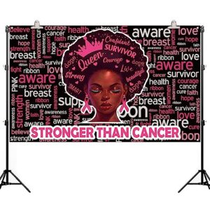 Pudodo Breast Cancer Awareness Backdrop Banner Stronger Than Cancer Pink Ribbon Support Photography Background Wall Decoration (3.6×5.9ft, Black)