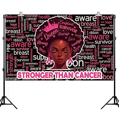 Pudodo Breast Cancer Awareness Backdrop Banner Stronger Than Cancer Pink Ribbon Support Photography Background Wall Decoration (3.6×5.9ft, Black)