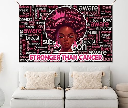 Pudodo Breast Cancer Awareness Backdrop Banner Stronger Than Cancer Pink Ribbon Support Photography Background Wall Decoration (3.6×5.9ft, Black)