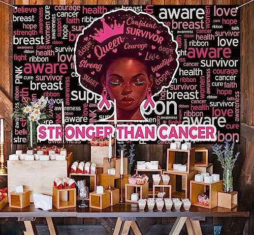 Pudodo Breast Cancer Awareness Backdrop Banner Stronger Than Cancer Pink Ribbon Support Photography Background Wall Decoration (3.6×5.9ft, Black)